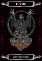 Gothic illustration of a skeleton with text '1 Stuck' and 'Lost, Directionless' on a black background.