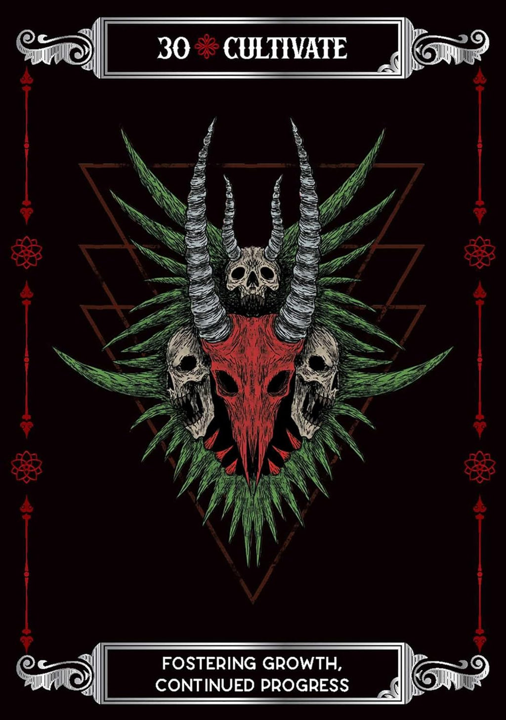 Artistic depiction of a skull with horns and green leaves on a black background with decorative elements.