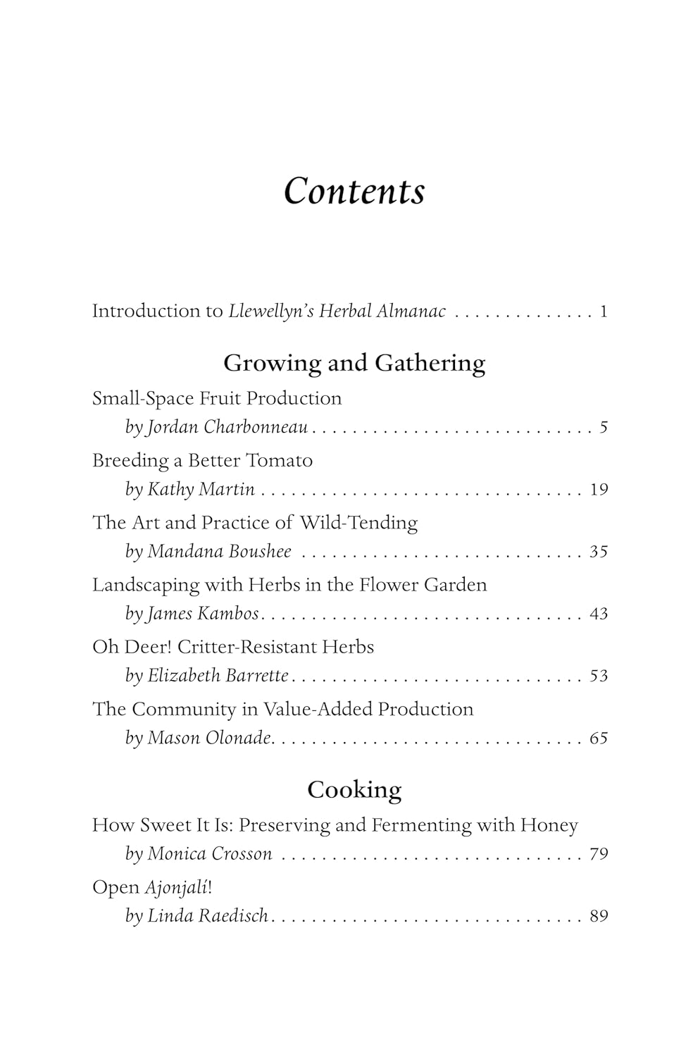 Table of contents for a book on gardening and cooking with black text on a white background.