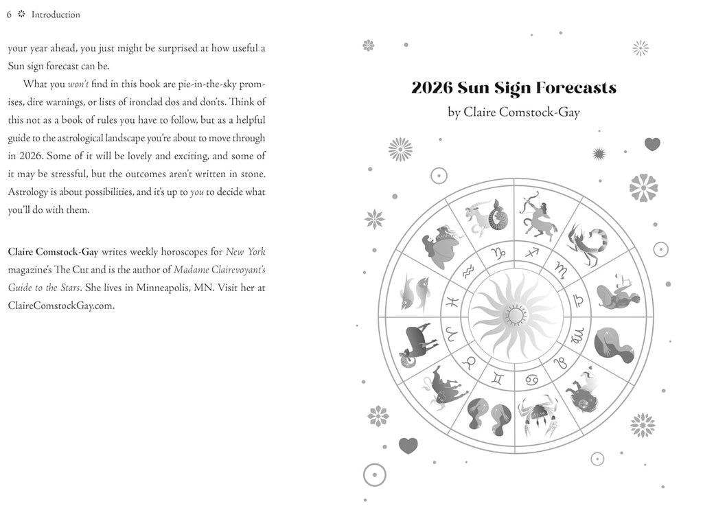 2026 Sun Sign Forecasts by Claire Comstock-Gay with zodiac wheel illustration on a white background