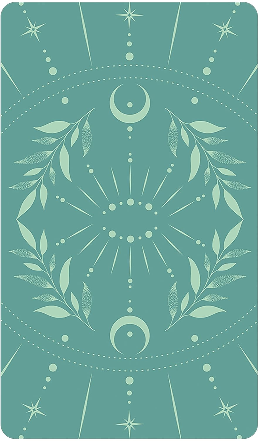 Teal card with celestial design featuring moon phases and leaves on a teal background