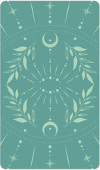 Teal card with celestial design featuring moon phases and leaves on a teal background