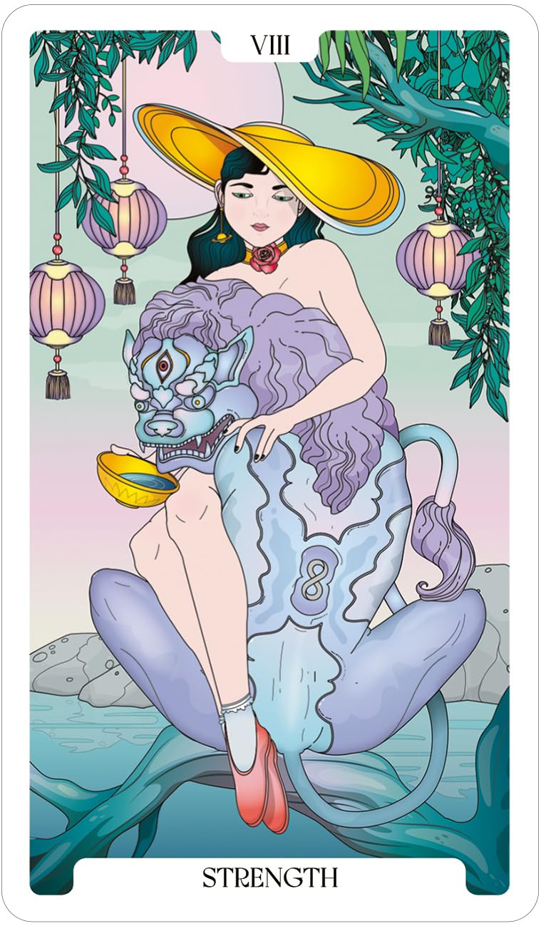 Tarot card featuring a woman with a large yellow hat sitting on a creature with 'Strength' at the bottom.