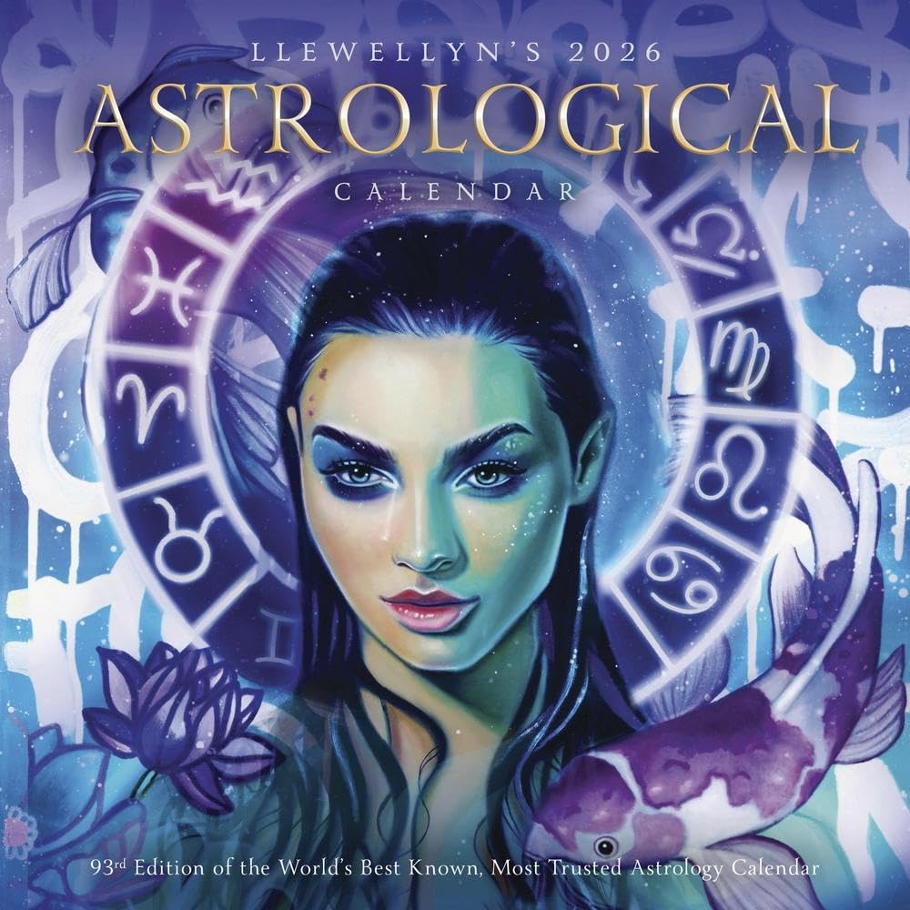 Llewellyn's 2026 Astrological Calendar cover with a stylized woman and astrological symbols.