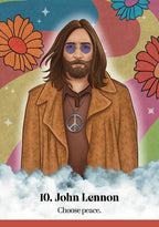 A stylized illustrated portrait of John Lennon with long brown hair, a beard, blue-tinted glasses, a brown patterned coat, and a peace sign necklace, set against a colorful retro floral and wave background. Text at the bottom reads '10.
