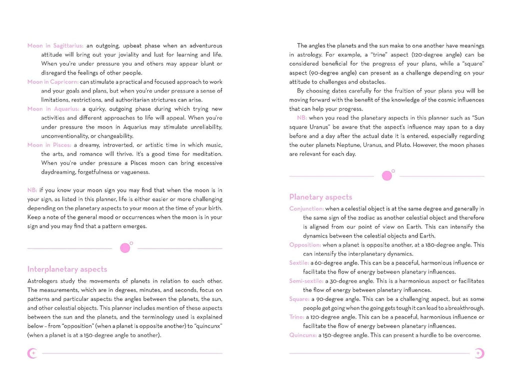 A page of printed text with headings such as 'Mean in Septimber,' 'Mean in October,' 'Mean in November,' 'Mean in December,' 'Interplanetary aspects,' and 'Planetary aspects,' plus small circular diagrams and icons. The page is mostly white with black text and a few pale pink decorative elements.