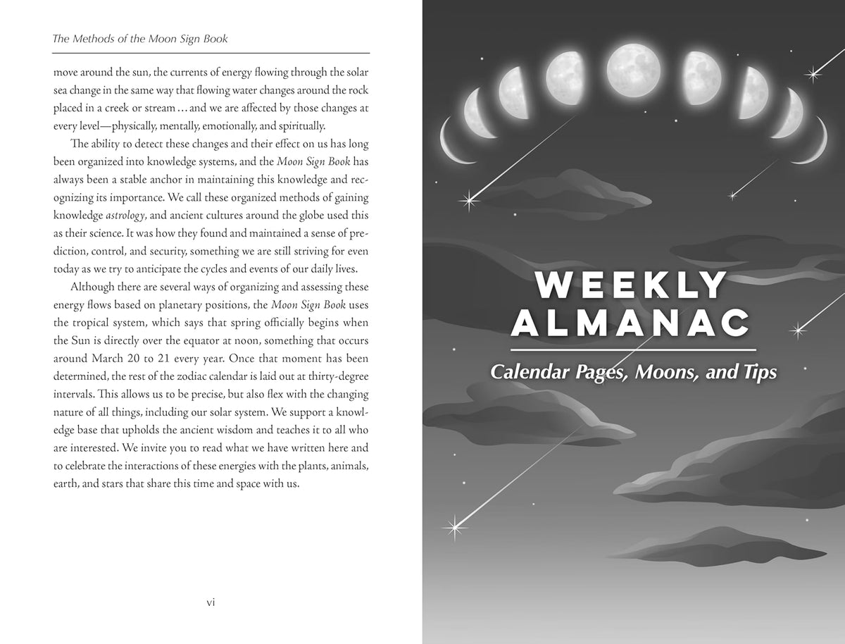 A grayscale interior page from a book or magazine featuring the title 'WEEKLY ALMANAC' in large serif letters over a starry sky illustration, with smaller text reading 'Calendar Pages, Moons, and Tips' and a page number 'vi' at the bottom left.
