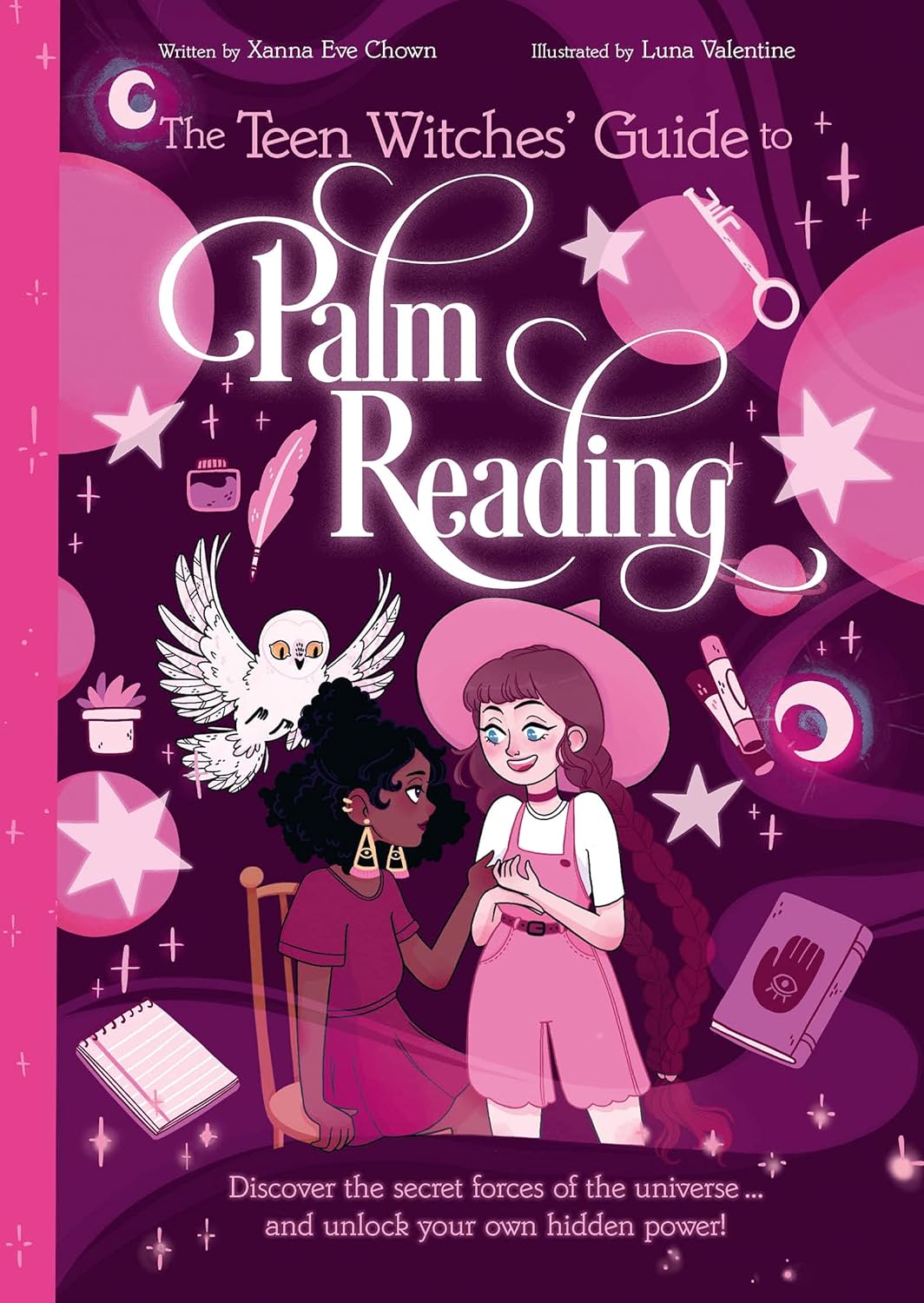 Book cover of 'The Teen Witches' Guide to Palm Reading' with two girls and magical elements on a purple background.