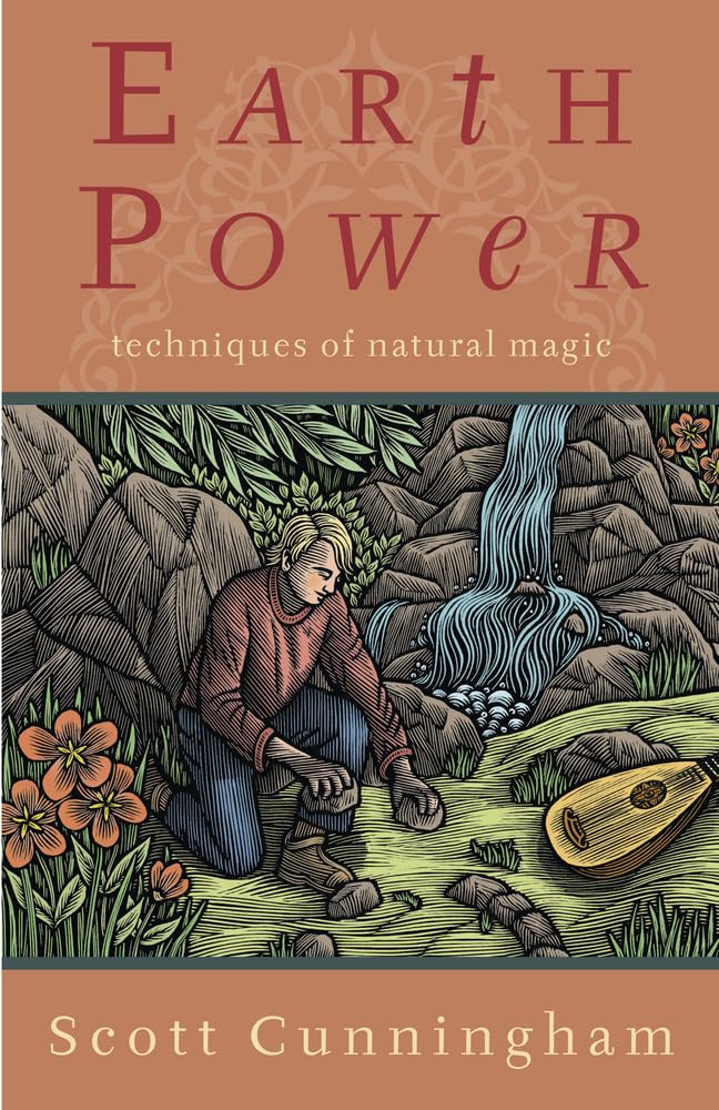 Book cover of 'Earth Power: Techniques of Natural Magic' by Scott Cunningham with a illustration of a person by a stream.