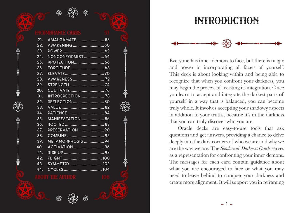 Book page with table of contents and introduction text on a black background