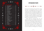 Book page with table of contents and introduction text on a black background