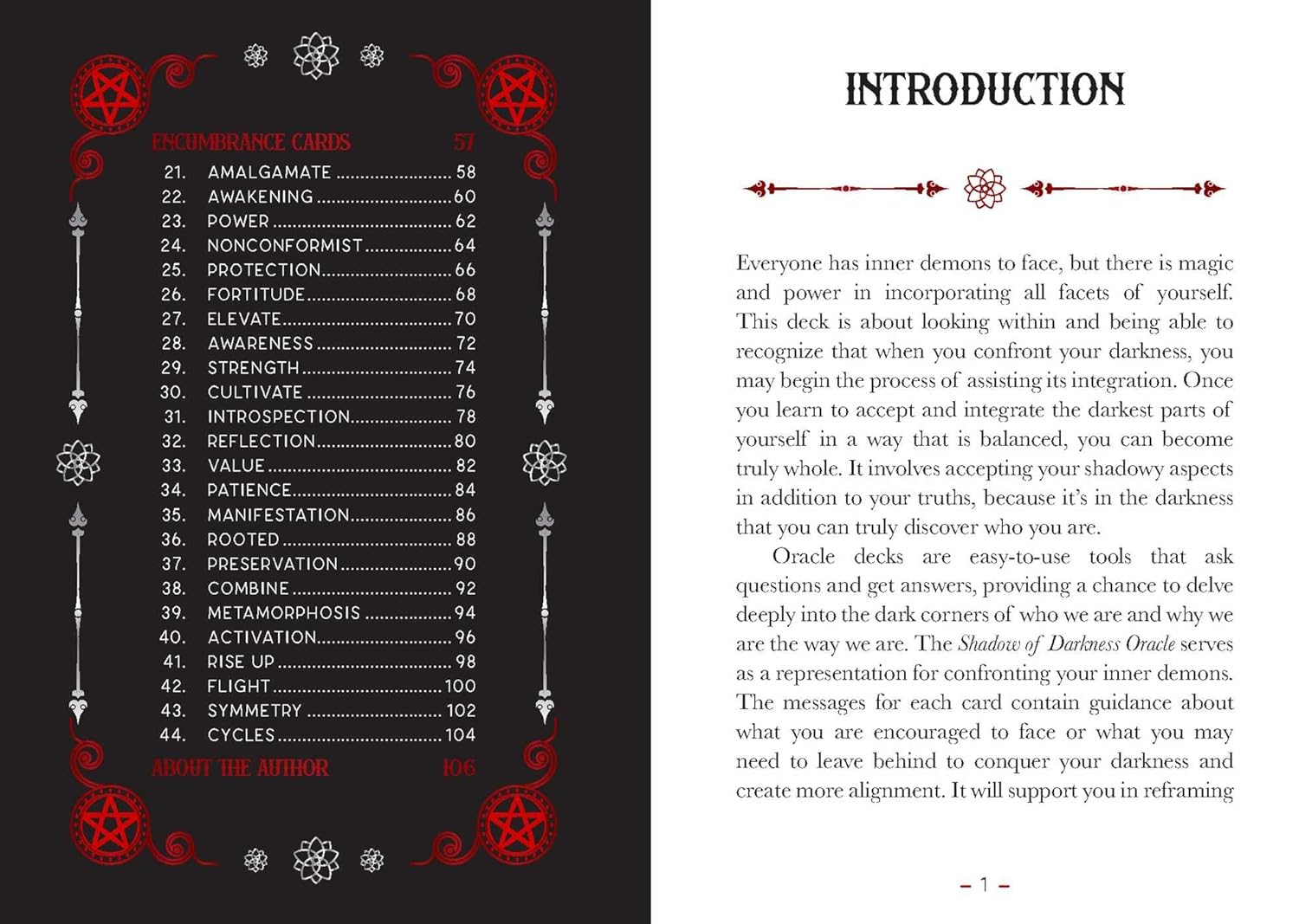 Book page with table of contents and introduction text on a black background