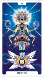 Tarot card featuring 'The Fool' with a colorful, detailed design on a blue background.