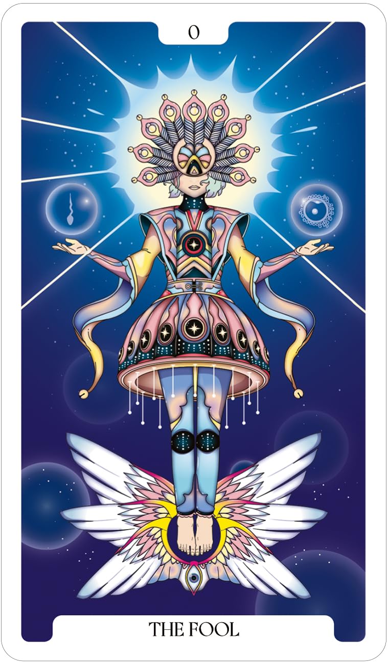 Tarot card featuring 'The Fool' with a colorful, detailed design on a blue background.