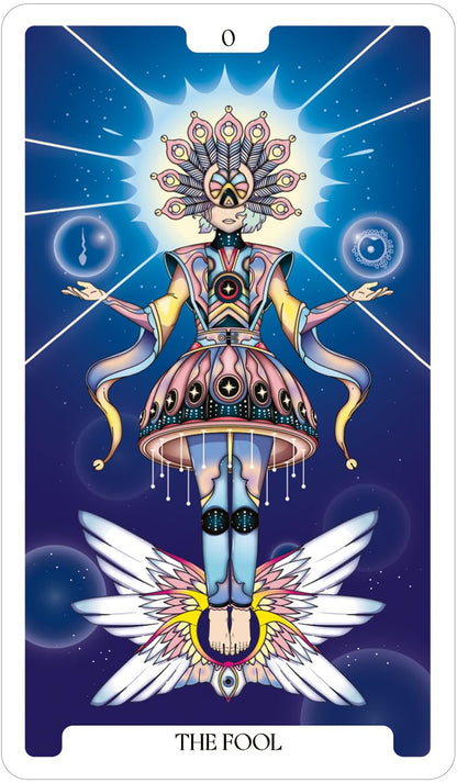 Tarot card featuring 'The Fool' with a colorful, detailed design on a blue background.