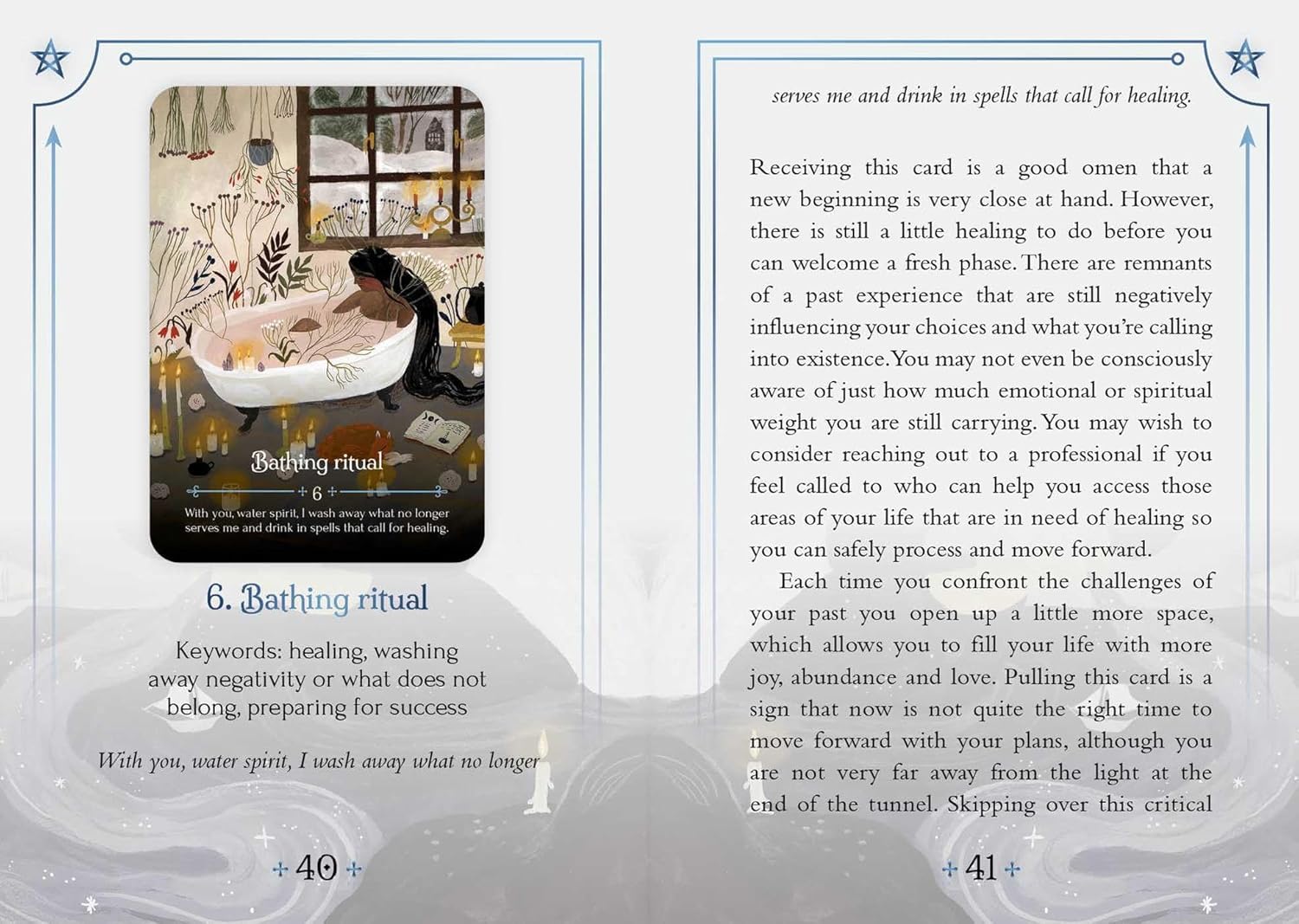 Card from a tarot or oracle deck with an illustration of a person in a bathtub and descriptive text.