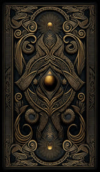 The decorative back of a tarot card features an intricate design in gold and black.