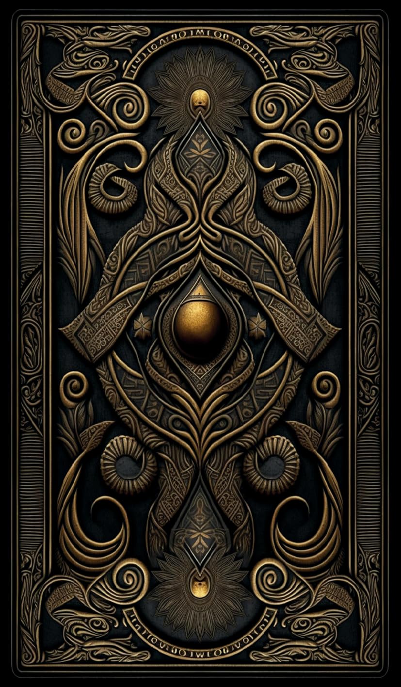 The decorative back of a tarot card features an intricate design in gold and black.