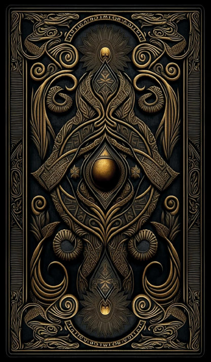 The decorative back of a tarot card features an intricate design in gold and black.
