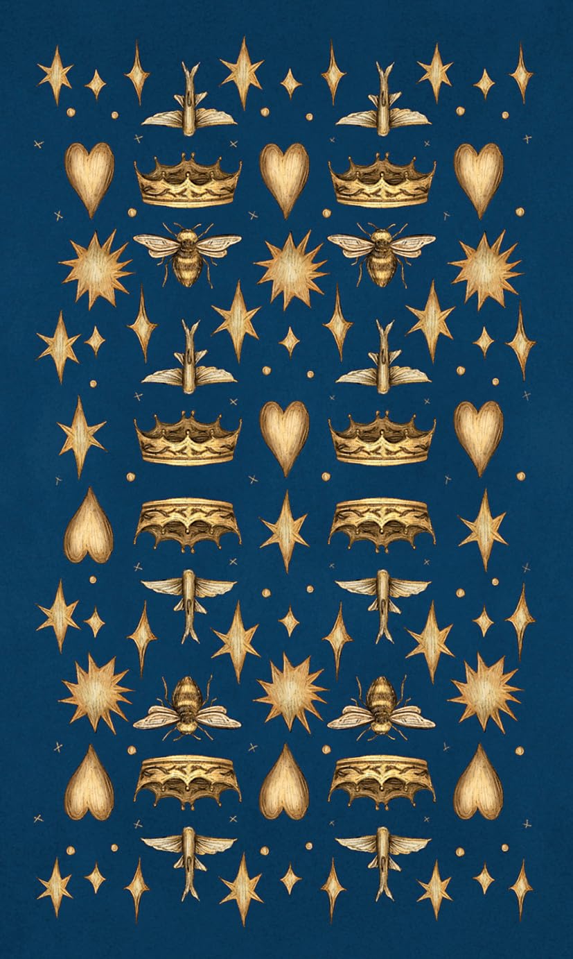 Decorative pattern with gold stars, hearts, and bees on a blue background