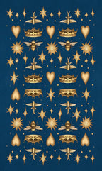 Decorative pattern with gold stars, hearts, and bees on a blue background