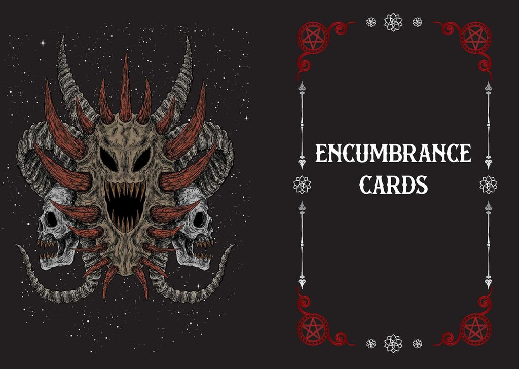 Gothic-style card with a creature illustration and 'Encumbrance Cards' text on a dark background.