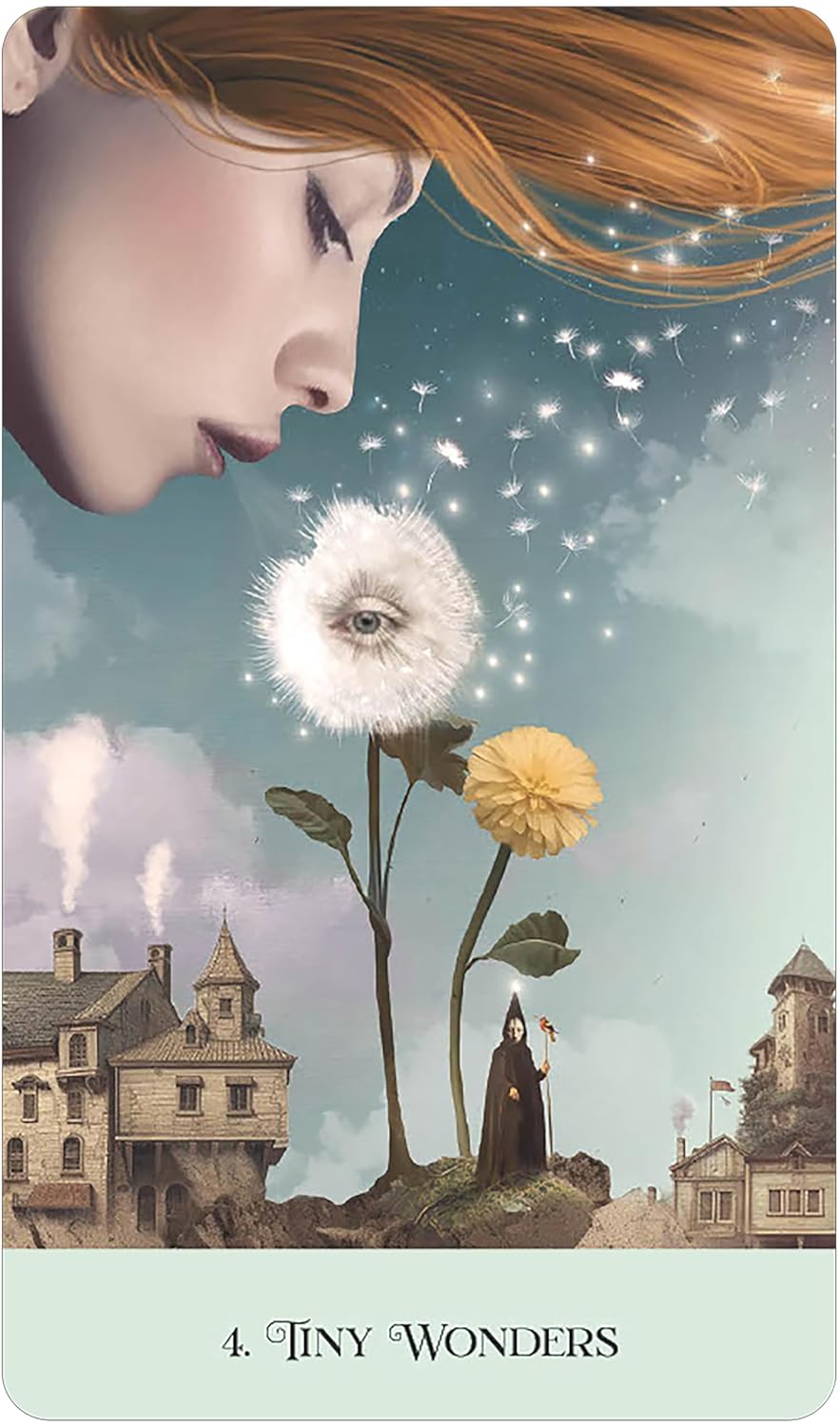 Illustration of a woman blowing a dandelion with a whimsical landscape in the background.