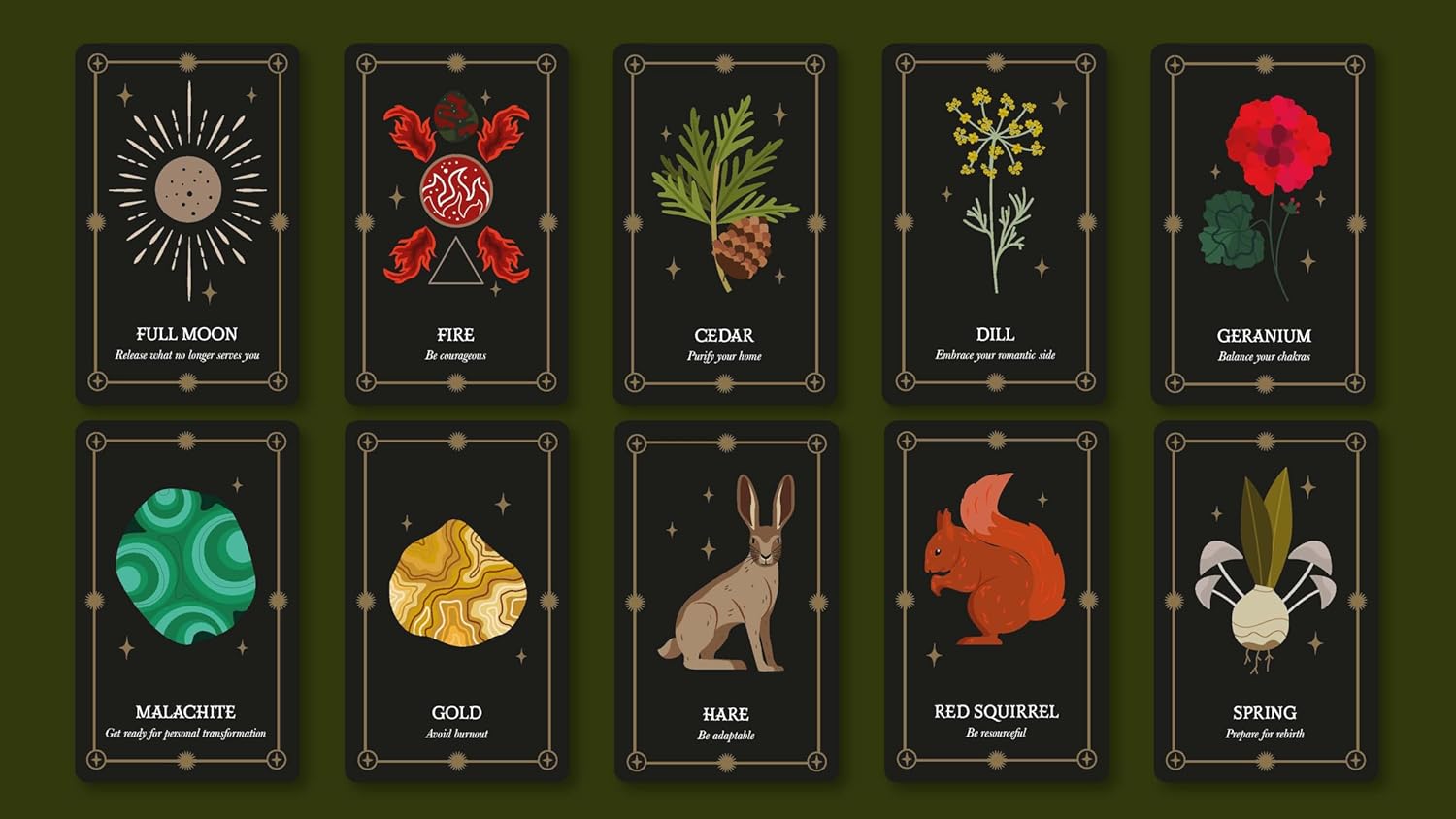 Set of tarot cards with various symbols and names on a dark background