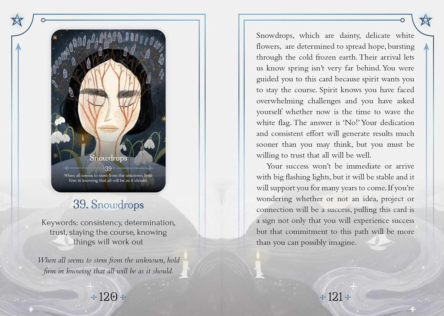 Card from a tarot or oracle deck with an illustration of a face and text on a decorative background.