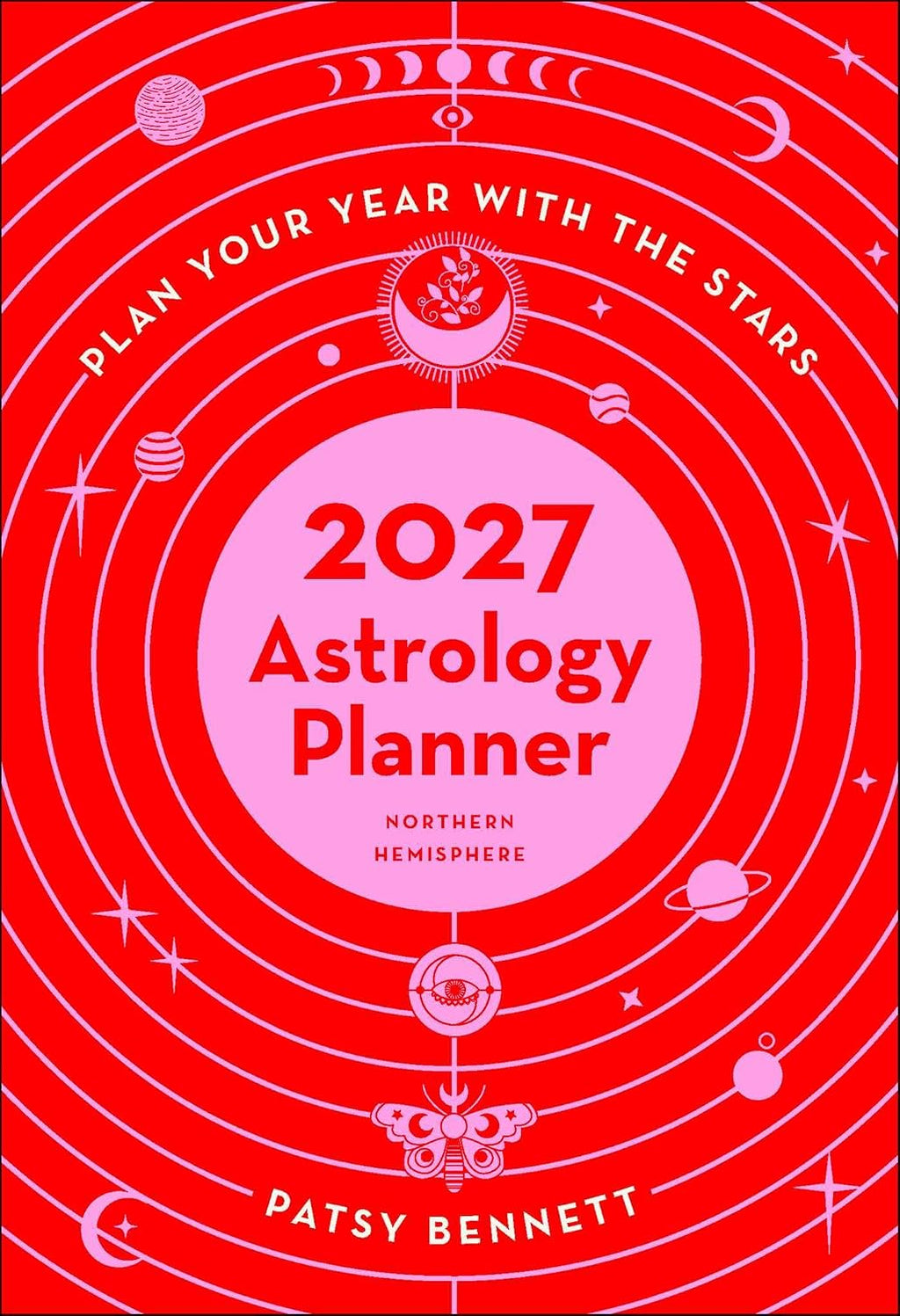 2027 Astrology Planner cover with celestial design and text on a red background