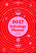 2027 Astrology Planner cover with celestial design and text on a red background