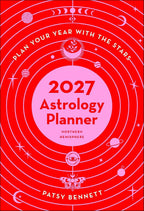 2027 Astrology Planner cover with celestial design and text on a red background