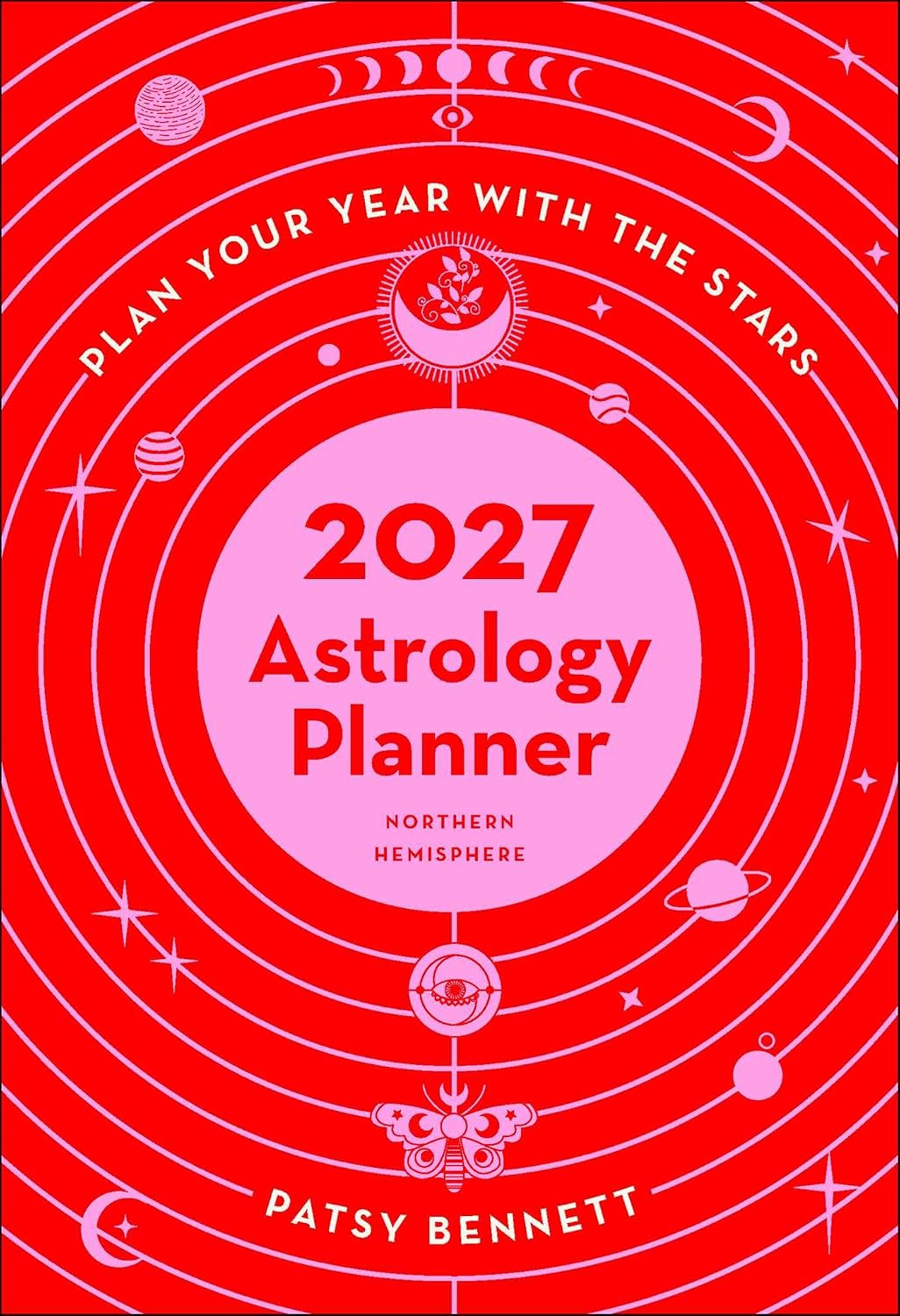 2027 Astrology Planner cover with celestial design and text on a red background