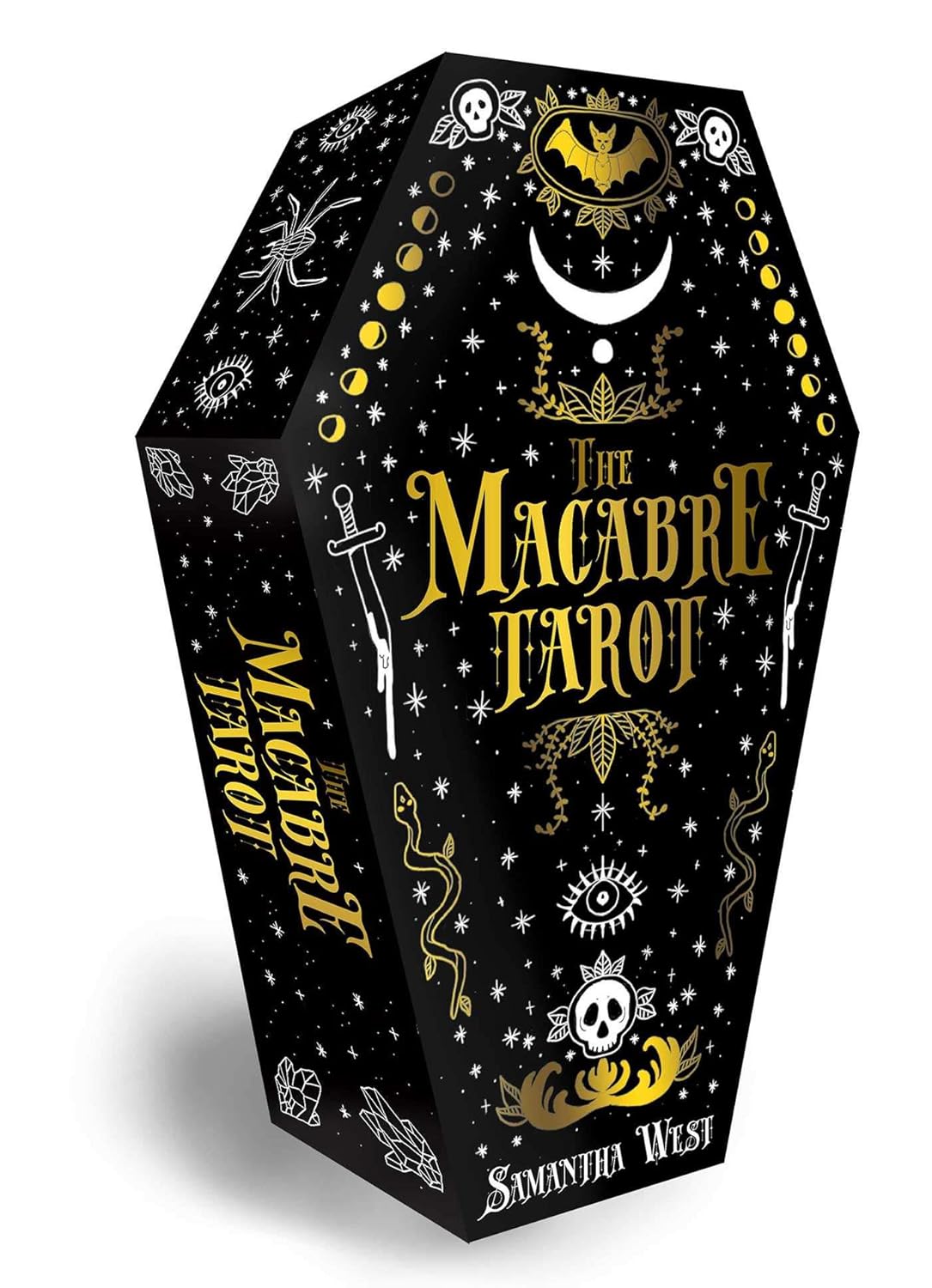 Coffin-shaped packaging for 'The Macabre Tarot' by Samantha West with black and gold design.