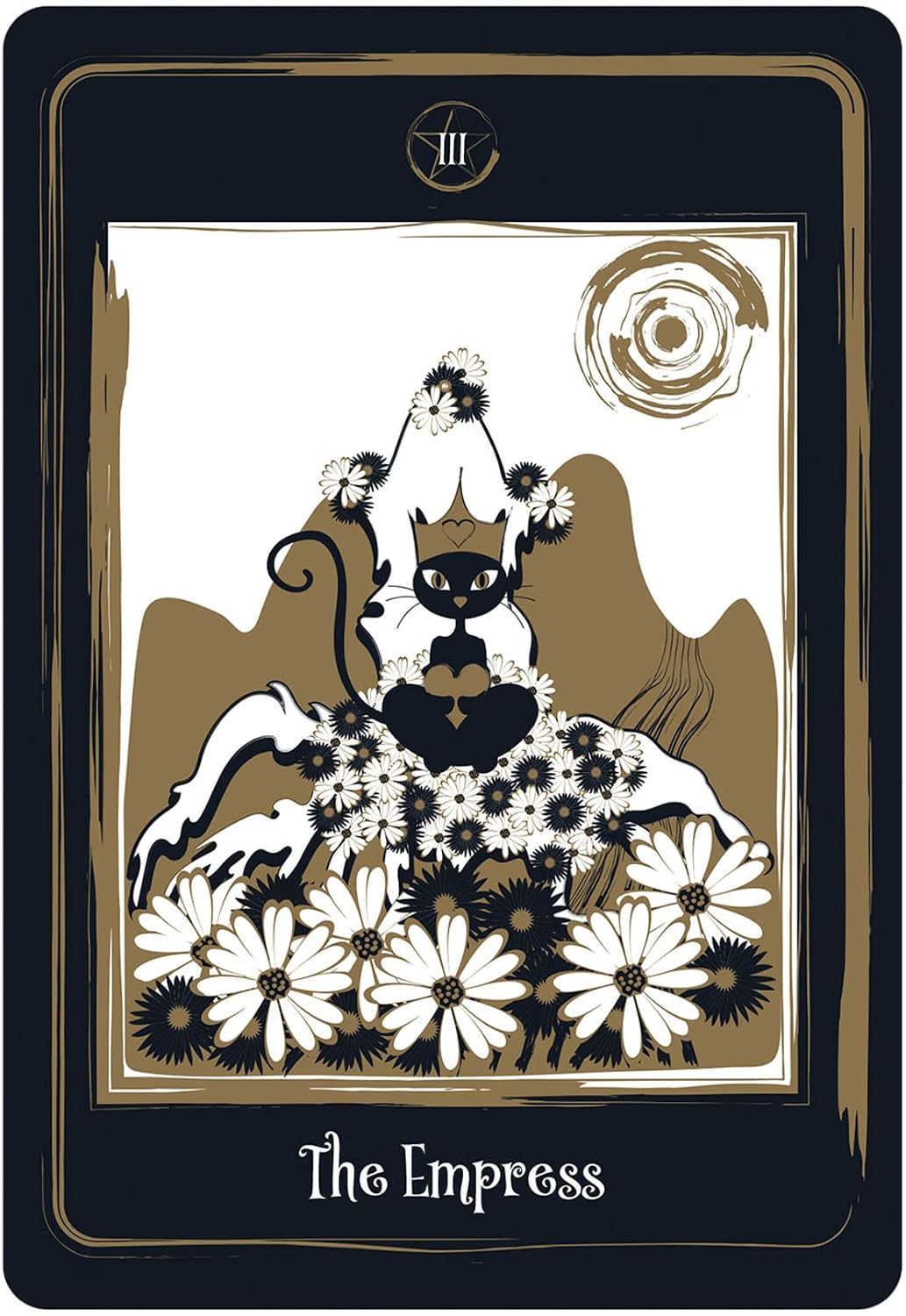 Tarot card featuring 'The Empress' with a cat and floral design on a black border.