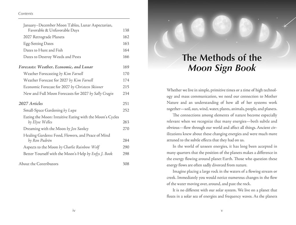 An open book showing the table of contents on one page and the title page for 'The Methods of the Moon Sign Book' on the other, with black text on white paper and a gray moon illustration in the top right.