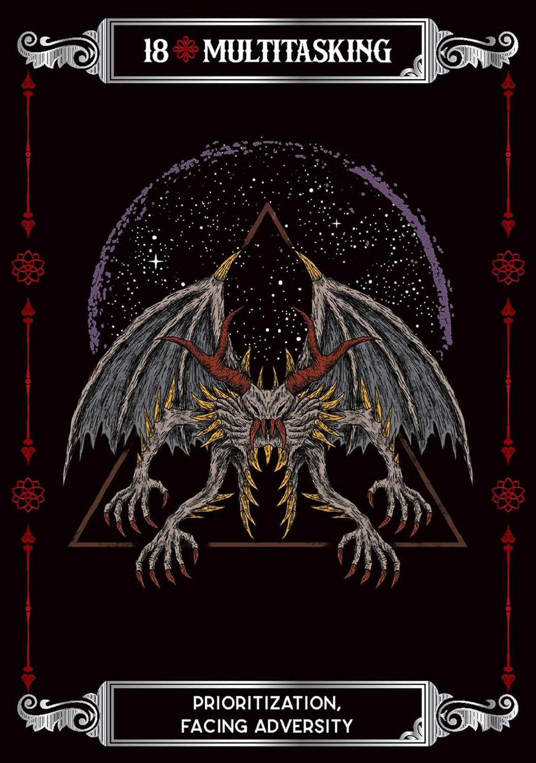 Dragon illustration with starry sky and geometric design on a black background