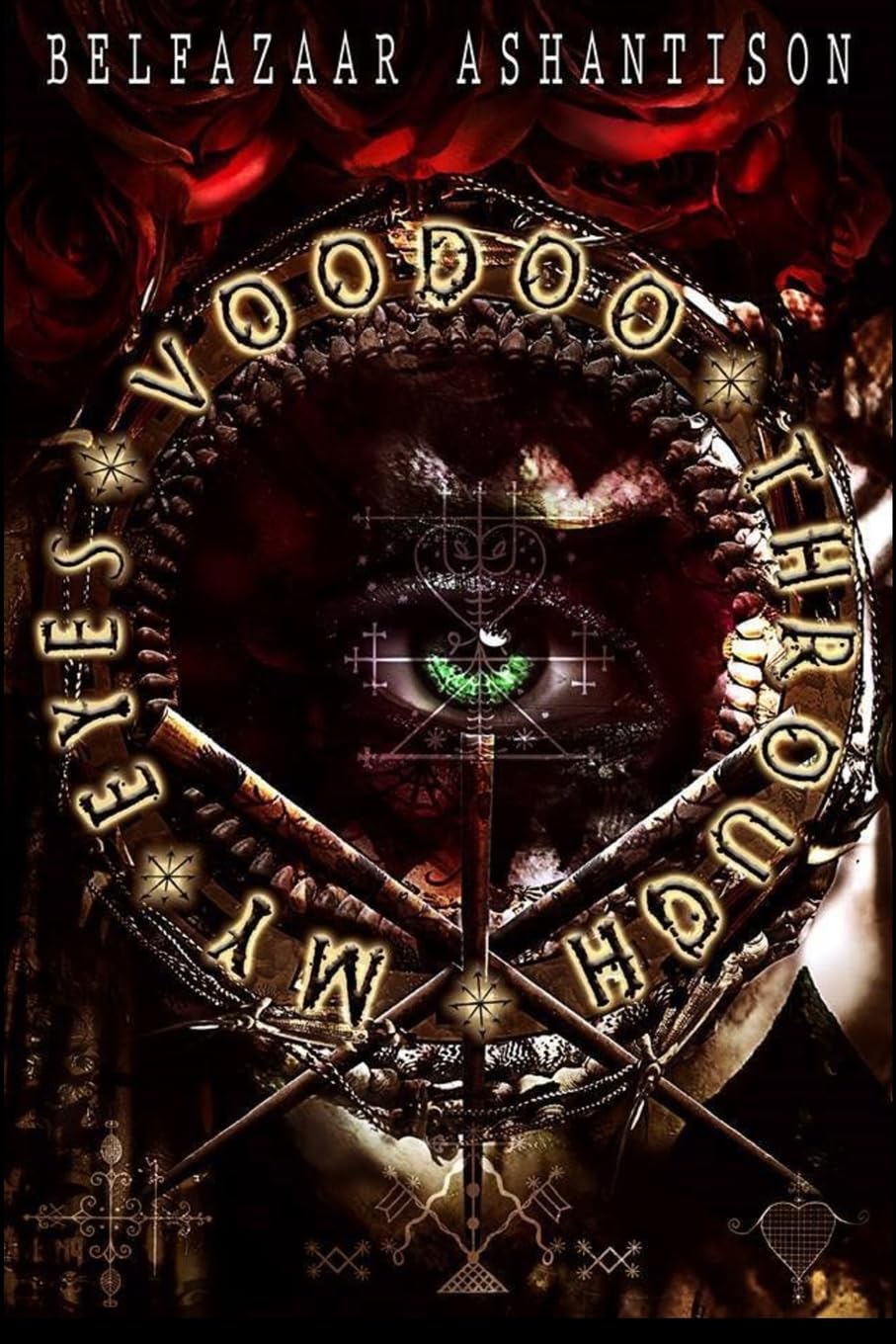Voodoo-themed design with text and eye imagery on a dark background