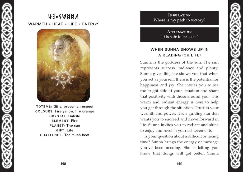 Page from a book or guide featuring information about Sunna, a goddess, with text and an illustration of a woman.