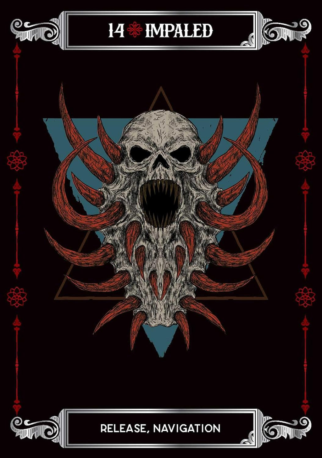 Artistic depiction of a skull with red accents on a black background, featuring the text '14 Impaled' and 'Release, Navigation'.