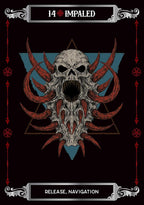 Artistic depiction of a skull with red accents on a black background, featuring the text '14 Impaled' and 'Release, Navigation'.