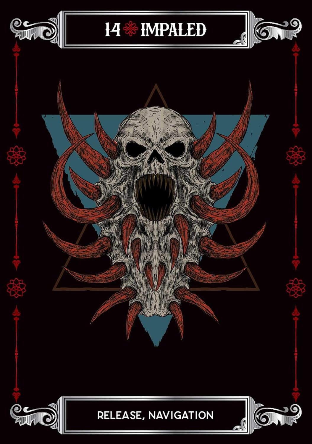 Artistic depiction of a skull with red accents on a black background, featuring the text '14 Impaled' and 'Release, Navigation'.