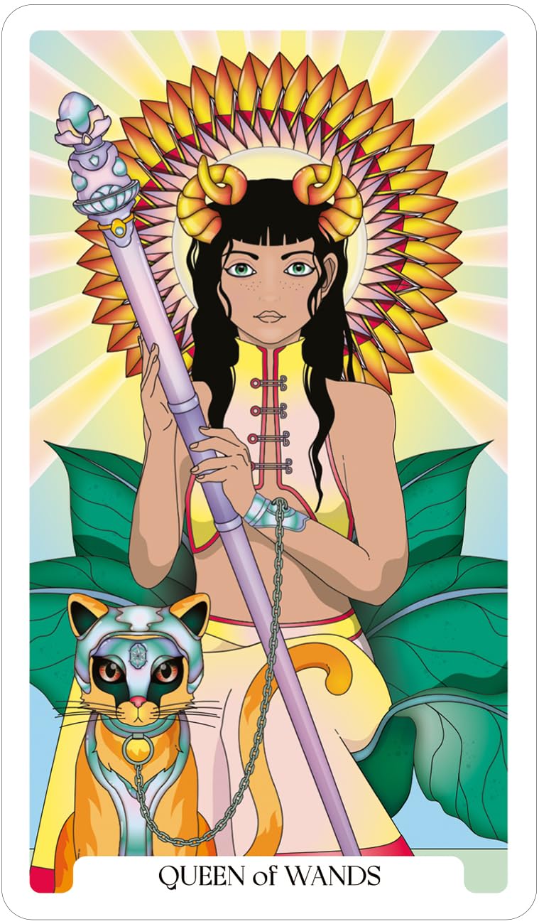Card featuring a stylized figure holding a wand with a colorful background and 'Queen of Wands' text.