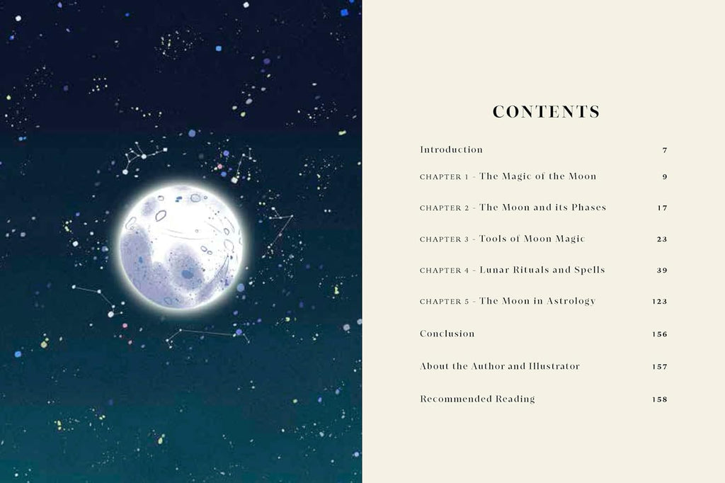 Book content page with moon illustration and starry night background