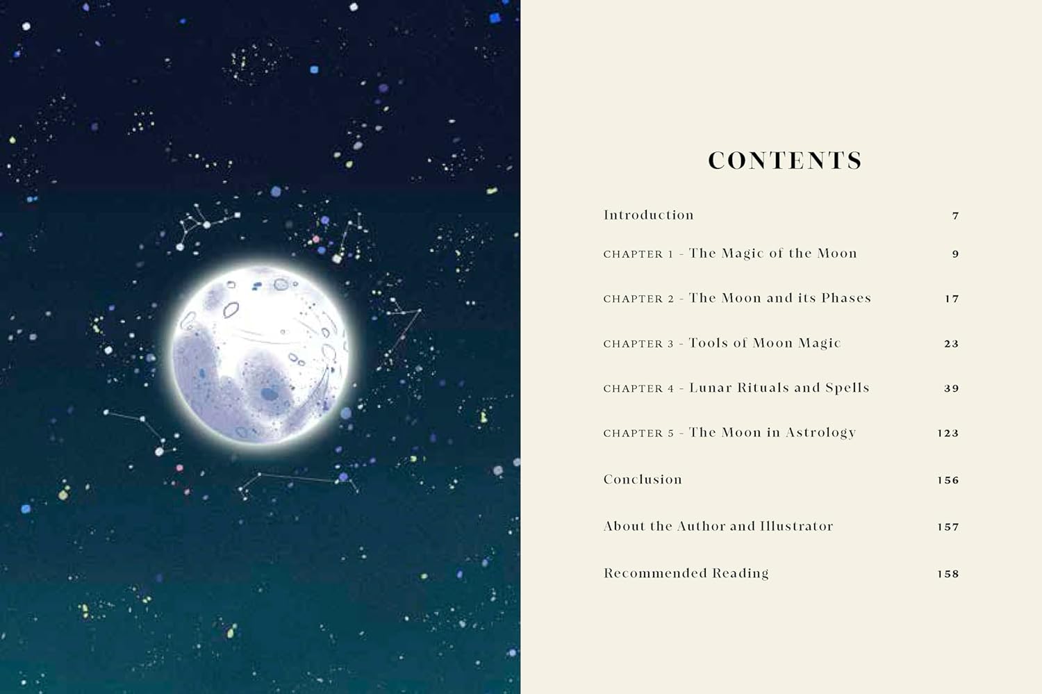 Book content page with moon illustration and starry night background