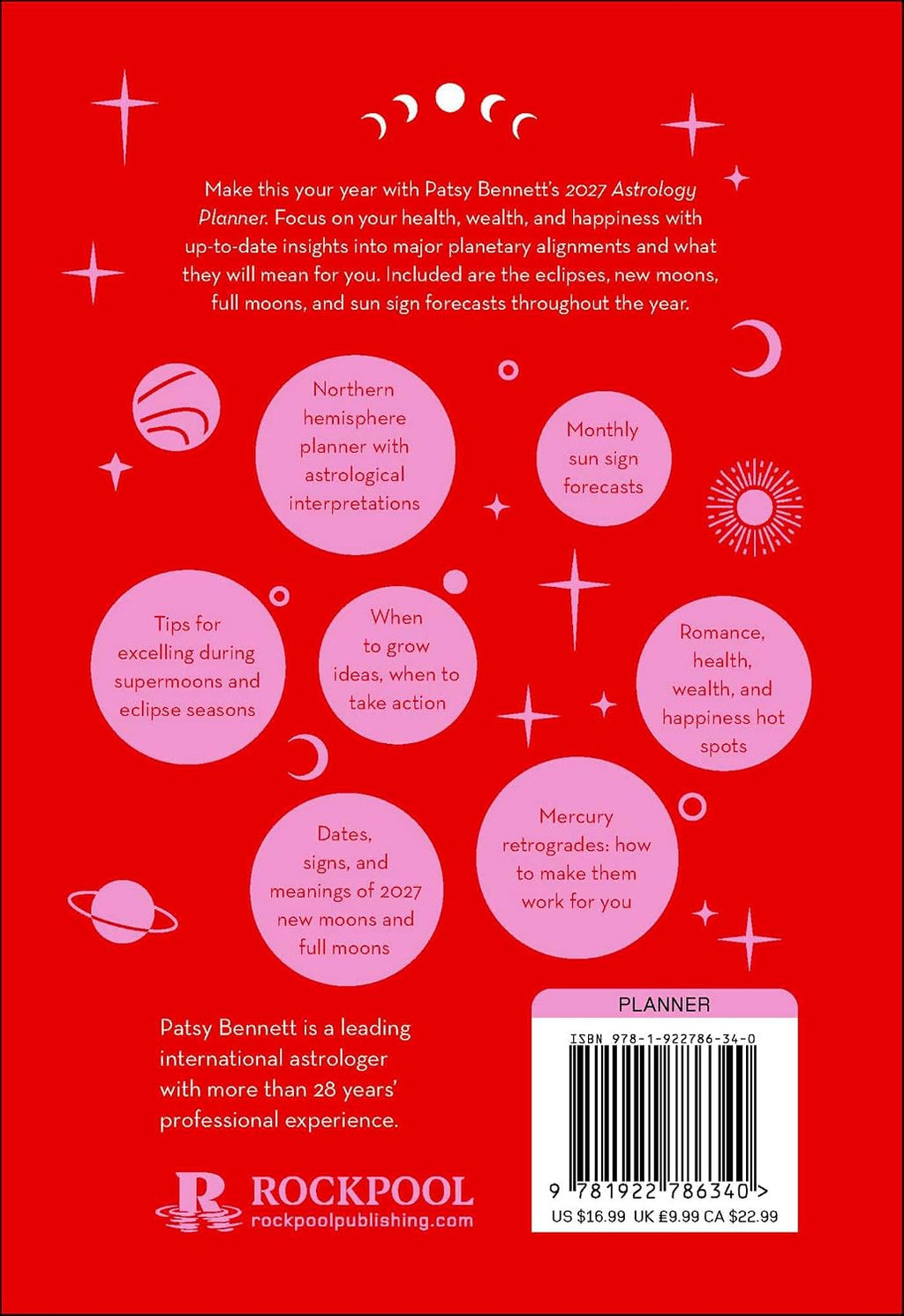 Back cover of a 2027 astrology planner by Patsy Bennett from Rockpool Publishing, featuring a bright red background with white celestial illustrations, pink text bubbles, and a barcode box at the bottom right.