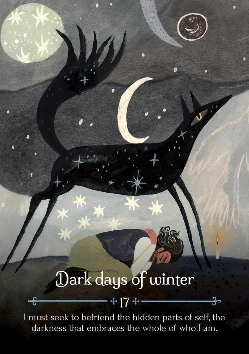 Illustration of a dark creature over a person under a starry night sky with text 'Dark days of winter'.