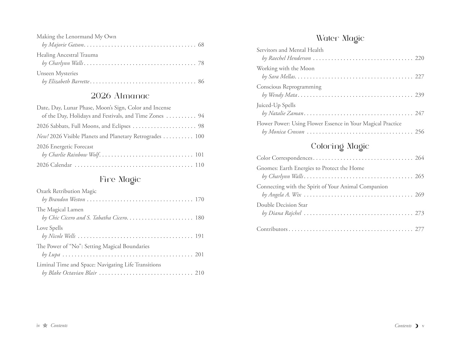 Table of contents for a book on magic, with chapter titles and page numbers.