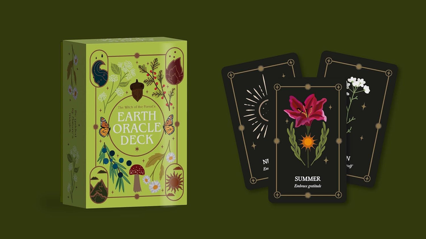 Earth Oracle Deck packaging with three cards featuring nature-themed designs on a dark background