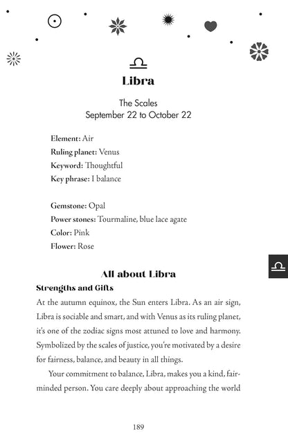Zodiac sign Libra information card with black text on a white background.